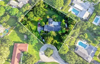 Aerial view of a residential property featuring a sprawling lot, dense mature canopy, paved driveway, and established landscape foliage