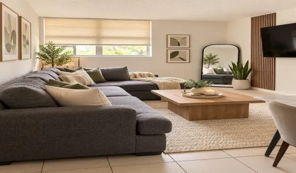 Living area featuring neutral tile flooring, large multi-pane window, and vertical wood-slat wall paneling