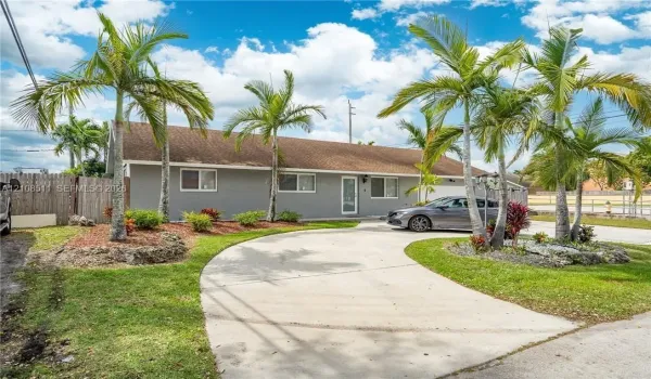 Single-story exterior featuring a concrete driveway, established palm trees, landscaped garden beds, and a wood fence