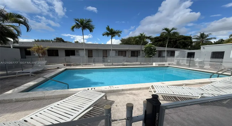 In-ground swimming pool featuring a concrete surround, metal safety fencing, and palm trees