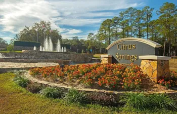 Community monument sign featuring decorative stonework, tiered water fountain, and manicured landscaping with floral beds