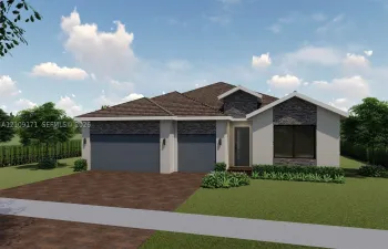 Single-story exterior featuring a stone-veneer facade, neutral-toned stucco siding, a multi-gabled roof, and a two-car garage