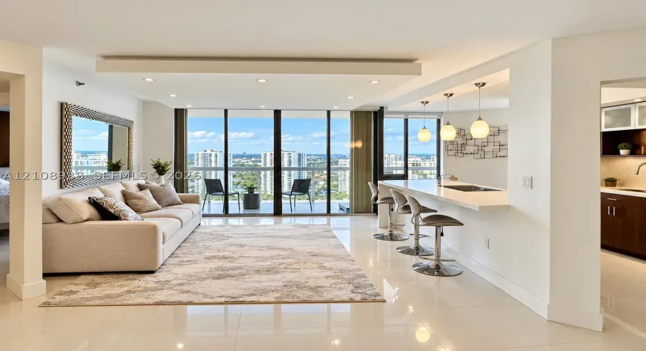 Open-concept space featuring floor-to-ceiling windows, polished tile flooring, a tiered tray ceiling with recessed lighting, and a breakfast bar with stone-surfaced countertop and pendant lighting