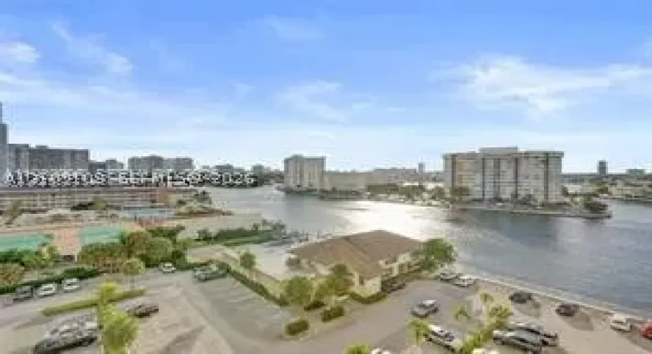 High-rise perspective featuring panoramic water frontage, palm landscaping, and urban skyline horizon