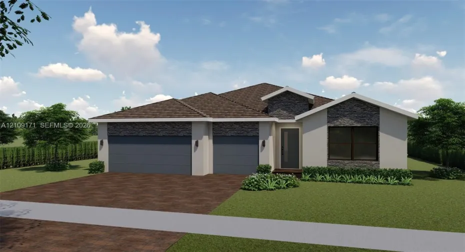 Single-story exterior featuring a stone-veneer facade, neutral-toned stucco siding, a multi-gabled roof, and a two-car garage