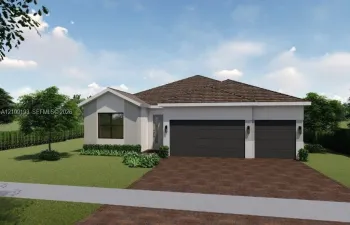 Single-story exterior featuring a light-toned stucco facade, a dark-toned multi-car garage, a hip roof with dark shingles, and a paved driveway