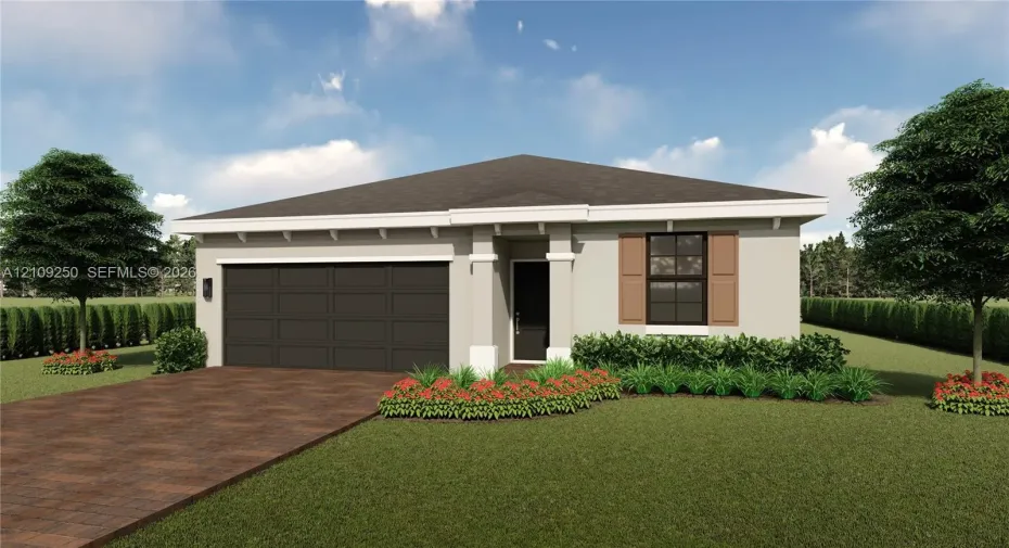 Single-story exterior featuring a paver driveway, covered entryway with decorative columns, multi-pane window with louvered shutters, and a multi-car garage