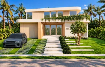 Modern two-story architectural exterior featuring smooth stucco cladding, natural wood-finish siding, integrated second-story greenery, floor-to-ceiling glass entry, and linear concrete hardscaping