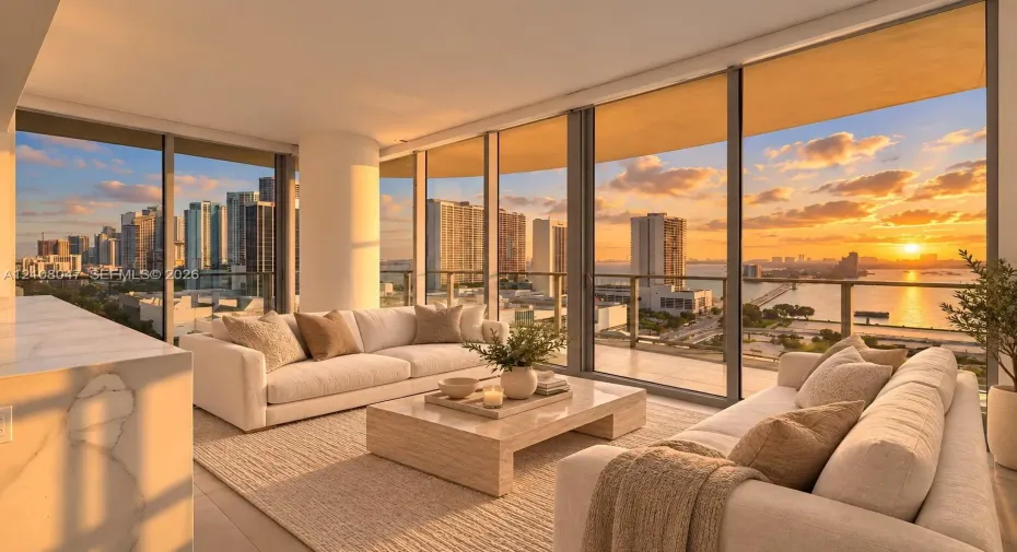 Expansive floor-to-ceiling windows, city and water views, light wood-finish flooring, and roller shades
