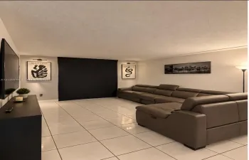 Large-format square floor tiles, wall-mounted picture lighting, and opaque window shades