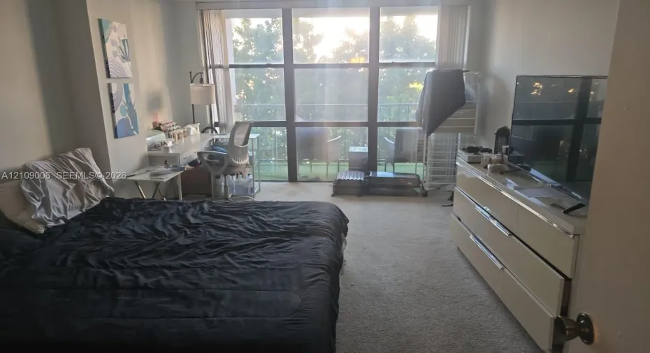 Floor-to-ceiling windows featuring balcony access and neutral carpeting