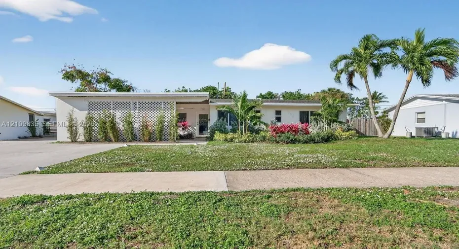 Single-story residence featuring a flat roofline, decorative lattice screen, concrete driveway, and mature palm trees