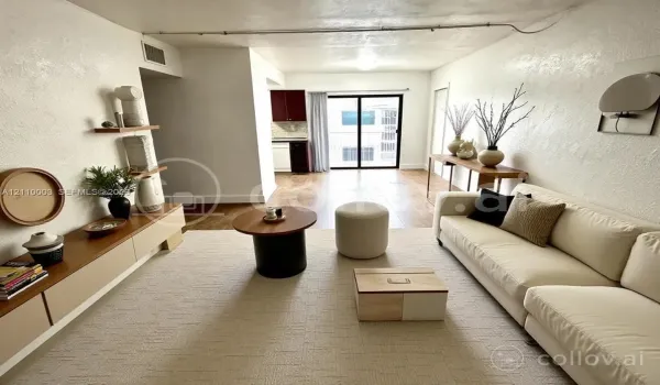 Living area featuring wood-finish flooring, built-in cabinetry, dual wall-mounted shelves, and a sliding glass door providing external access