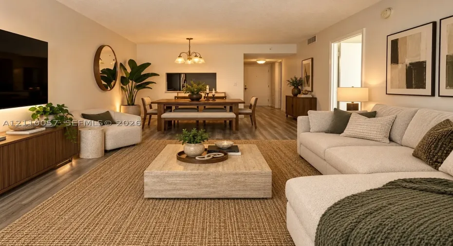 Open-concept living space featuring wood-finish flooring, recessed lighting, and a multi-arm chandelier