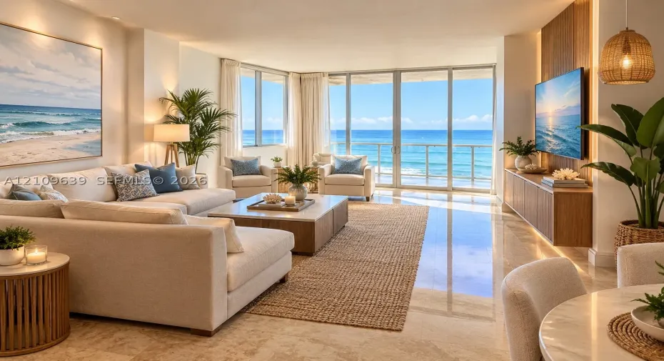 Floor-to-ceiling glass doors and windows, polished stone flooring, wall with vertical wood paneling, and a metal-railed balcony with direct ocean biew