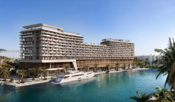 Multi-story waterfront architecture featuring expansive balconies, glass railings, intricate wood-slat facade detailing, and private maritime docking facilities