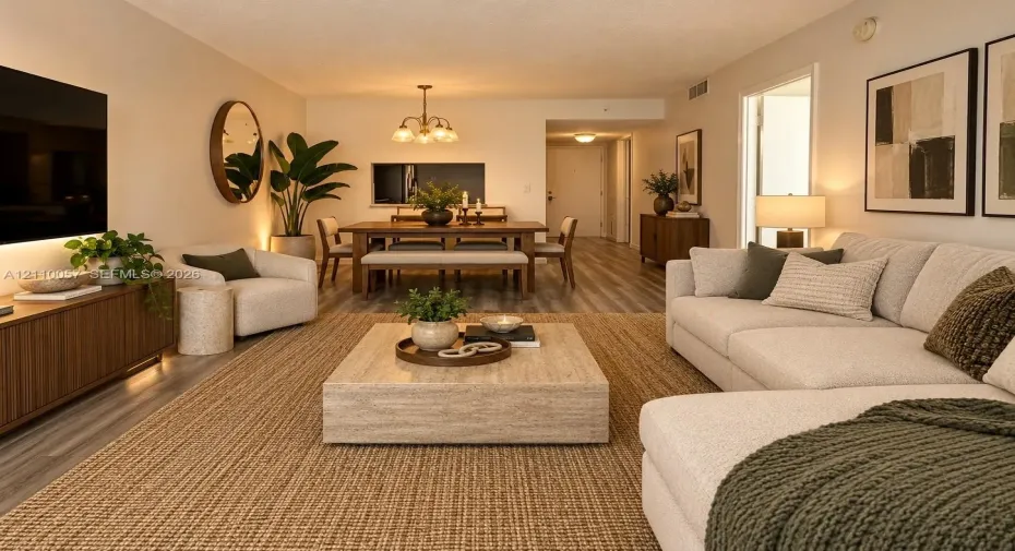 Open-concept living space featuring wood-finish flooring, recessed lighting, and a multi-arm chandelier