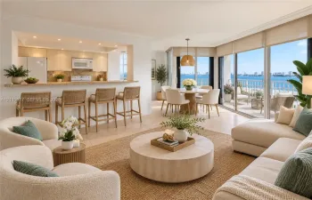 Open-concept living space featuring tile flooring, a kitchen breakfast bar with stone-surface countertop, recessed ceiling lighting, and floor-to-ceiling sliding glass doors providing access to a private balcony
