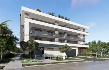 Contemporary multi-story exterior featuring a rooftop, private balconies with metal railings, a stone-faced ground level, and ground level parking