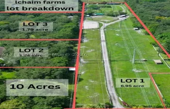 Aerial perspective of a 10-acre parcel subdivided into three individual lots measuring 6.95, 1.26, and 1.79 acres, featuring expansive cleared grassland, mature wooded perimeters, and a central paved access road