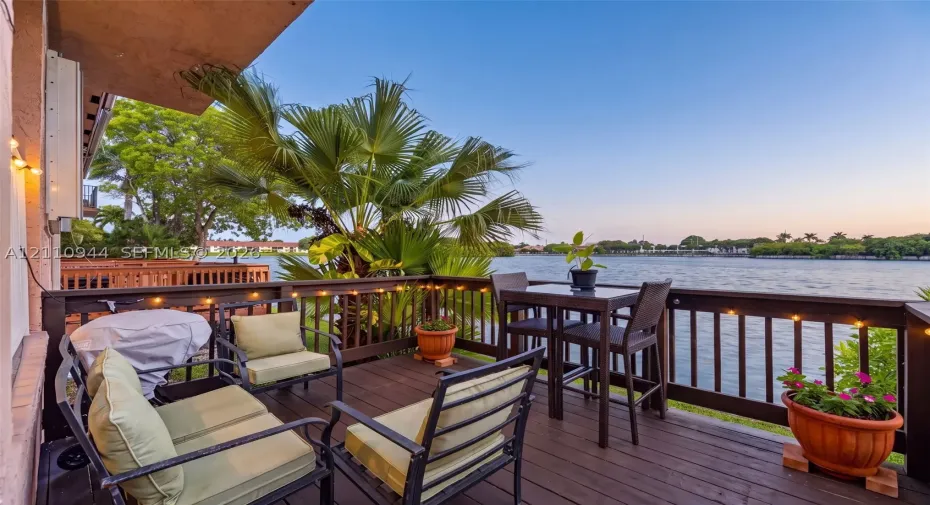 Elevated wooden deck featuring a dark-stained railing, waterfront positioning, and mature palm landscaping