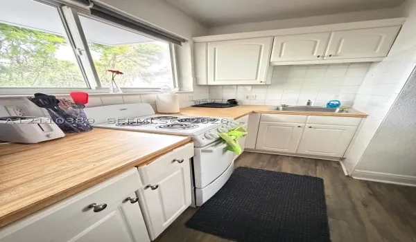 Kitchen featuring white cabinetry, butcher block countertops, wood-finish flooring, a stainless steel sink, and white ceramic tile backsplash