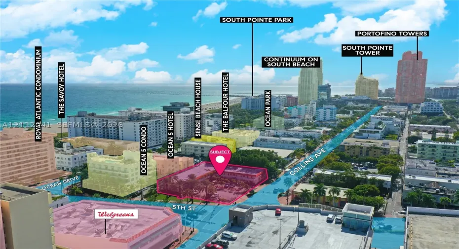 Aerial perspective highlighting proximity to the Atlantic shoreline, South Pointe Park, and major thoroughfares including Collins Avenue and 5th Street