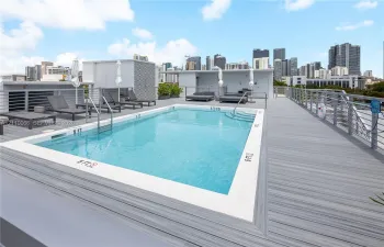 Rooftop terrace featuring a swimming pool, composite decking, and metal railings