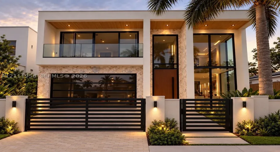 Modern two-story exterior featuring a natural stone facade, floor-to-ceiling glass windows, a wood-finish ceiling soffit, and a black metal gated entryway