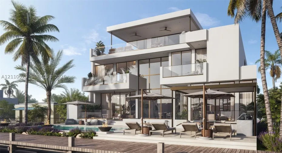 Modern three-story exterior featuring floor-to-ceiling windows, multiple glass-railed balconies, a covered patio area with a built-in outdoor kitchen, and an integrated swimming pool