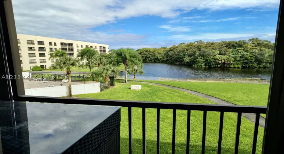Private balcony with metal railing, stone-surface counter, lake frontage, manicured lawn, and mature palm trees
