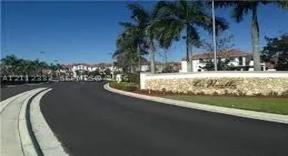 Community entrance featuring a stone-clad monument sign, paved roadways, concrete curbing, and established palm trees