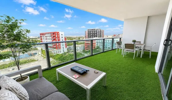 Covered balcony with synthetic turf flooring, glass panel railing, and expansive urban scenery
