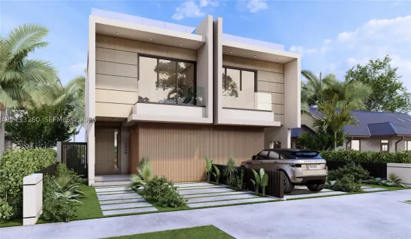 Contemporary two-story exterior featuring a wood-panel facade, floor-to-ceiling glass doors, upper-level balconies with glass railings, and a concrete paver driveway