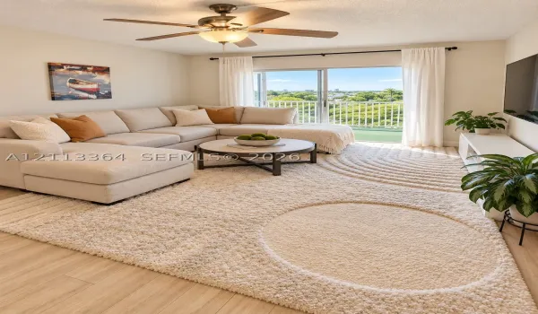 Living area featuring wood-finish flooring, a ceiling fan with integrated lighting, and a sliding glass door providing access to a balcony