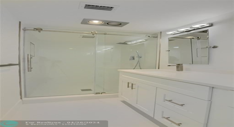 Large Walk In Master Bath Shower with Seemless Glass Doors & Rainspout Shower Head & Hand Held!
