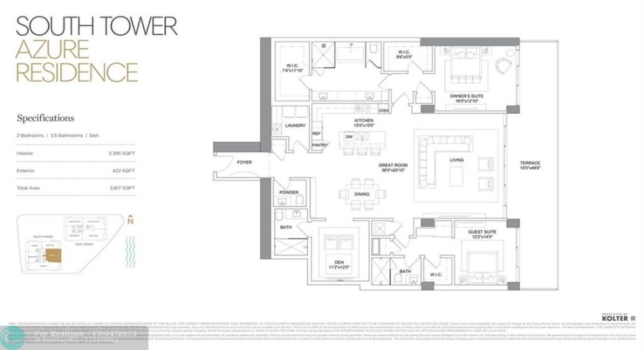 Floor Plan 2 Bed / 3.5 Bath & Den with ~50ft East facing Terrace