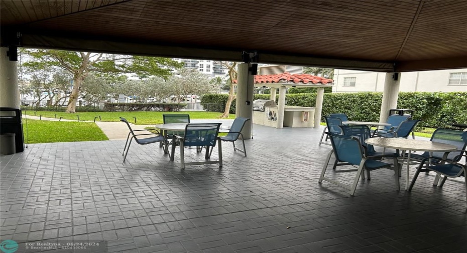 Covered BBQ area with plenty of seating for hosting your guests