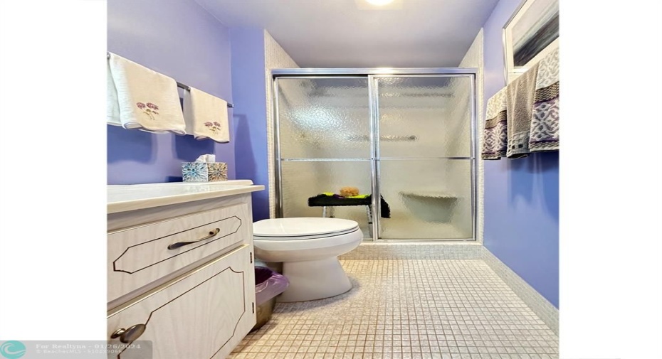 Guest Bathroom has Glass Door Shower Enclosure.