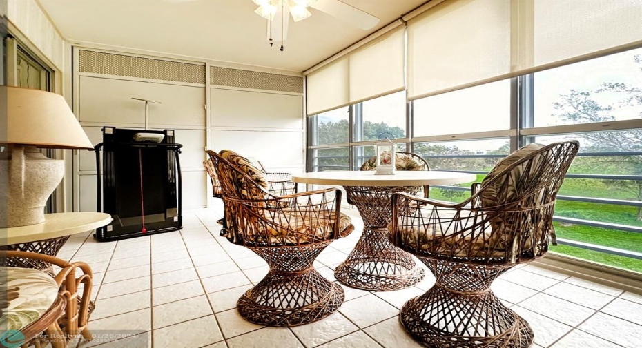 Patio is Equipped with Roll Down Shades & Extra Storage.