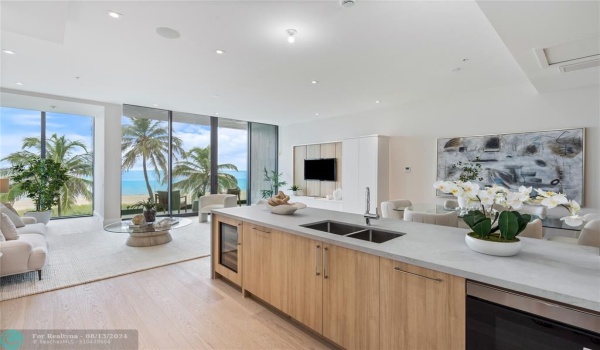 Open, spacious kitchen with direct ocean views.