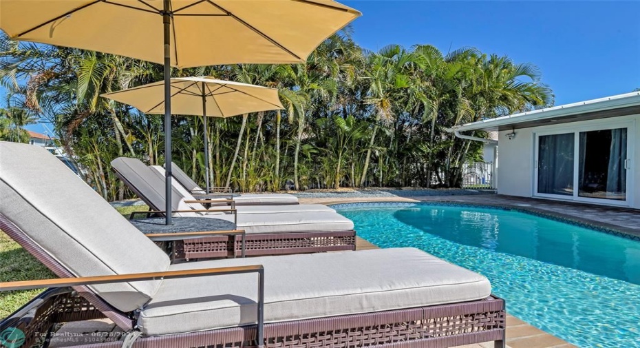 Enjoy this private backyard with heated pool and water views