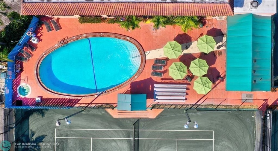 Aerial view of Tennis Rqt.-Shaped Pool