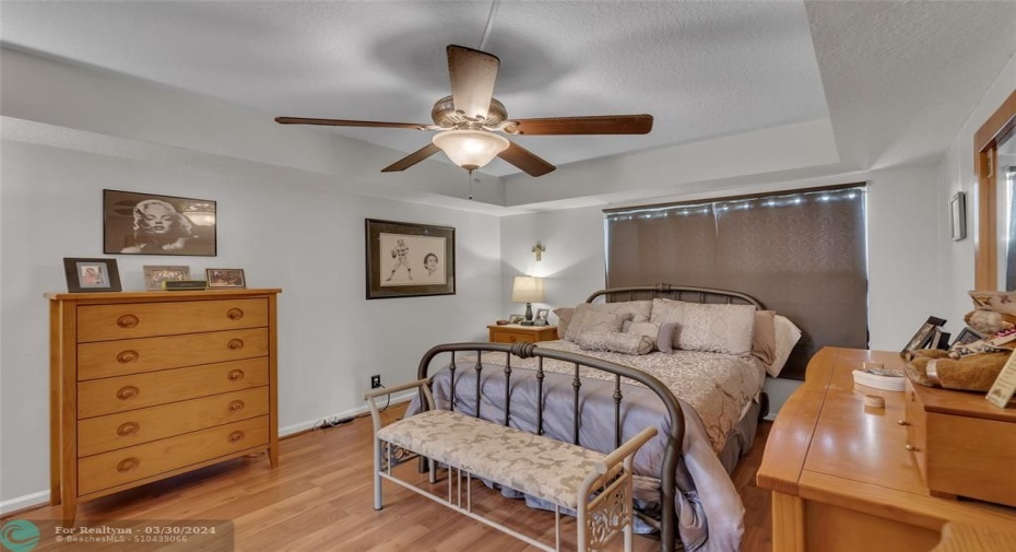 Master bedroom offers tray ceilings.