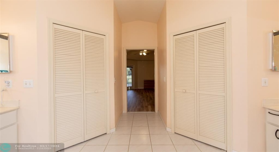 Two walk-in closets in the Master Bathroom