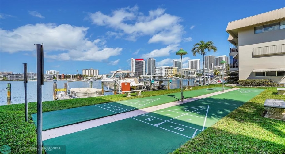 Challenge friends to a shuffleboard game