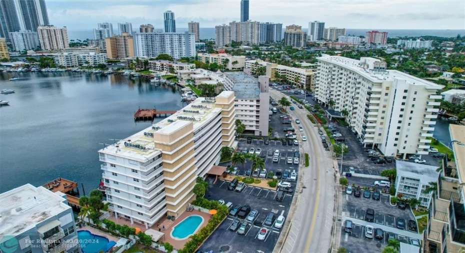 AERIAL VIEW OF PARADISE TOWERS COOP BUILDING AND THE GOLDEN ISLES LAKE VIEW.