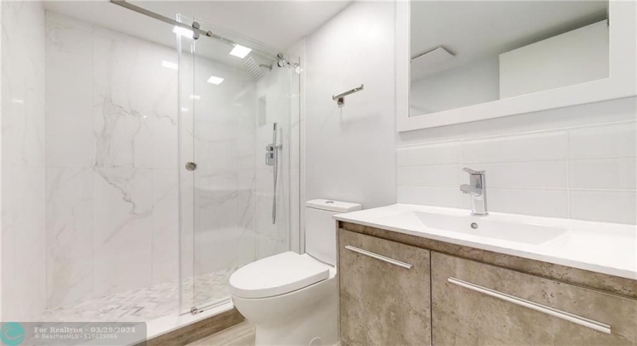 2nd full bathroom with shower, dual flush toilet, vanity, and mirror