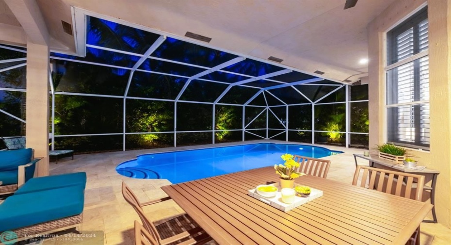 Heated pool, travertine tile on patio (2021), resurfaced/retiled pool (2021)