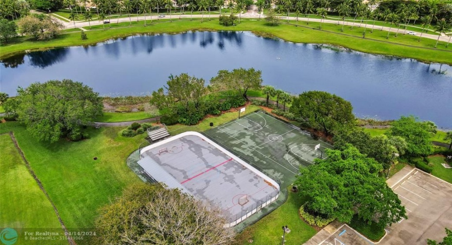 Aerial view of the community basketball court and hockey field